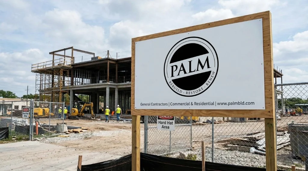 Palm Build job site sign in front of an active commercial construction project with steel framing and heavy equipment