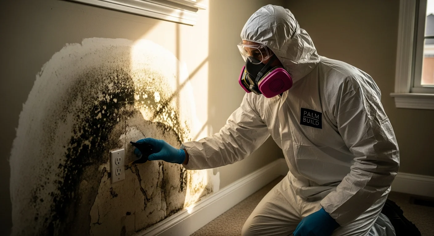 Palm Build restoration technician in full protective equipment inspecting dark mold growth on a residential wall with natural window light