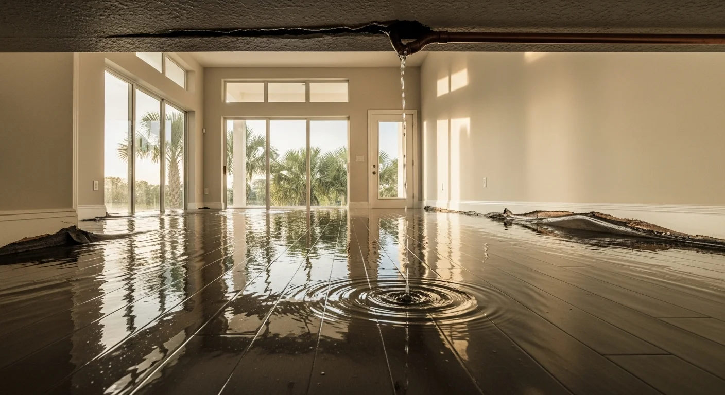 Flooded living room in a Florida home after a burst pipe with standing water covering hardwood floors and water dripping from the ceiling