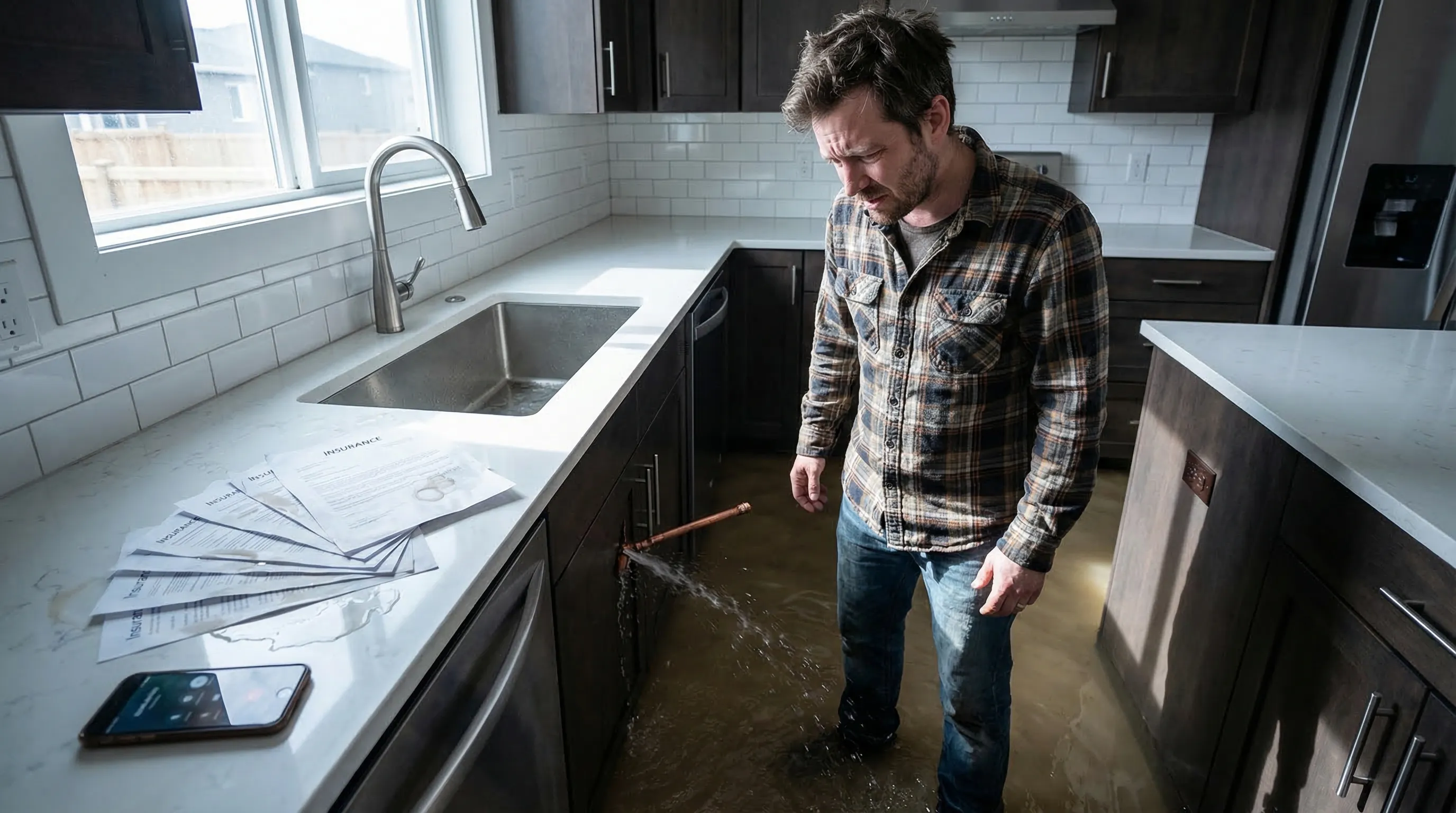 Homeowner standing in a flooded kitchen from a burst pipe, looking at insurance paperwork on the counter