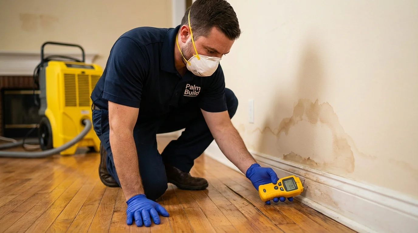 Restoration technician kneeling in a water-damaged living room using a moisture meter to assess wet baseboards with drying equipment in the background