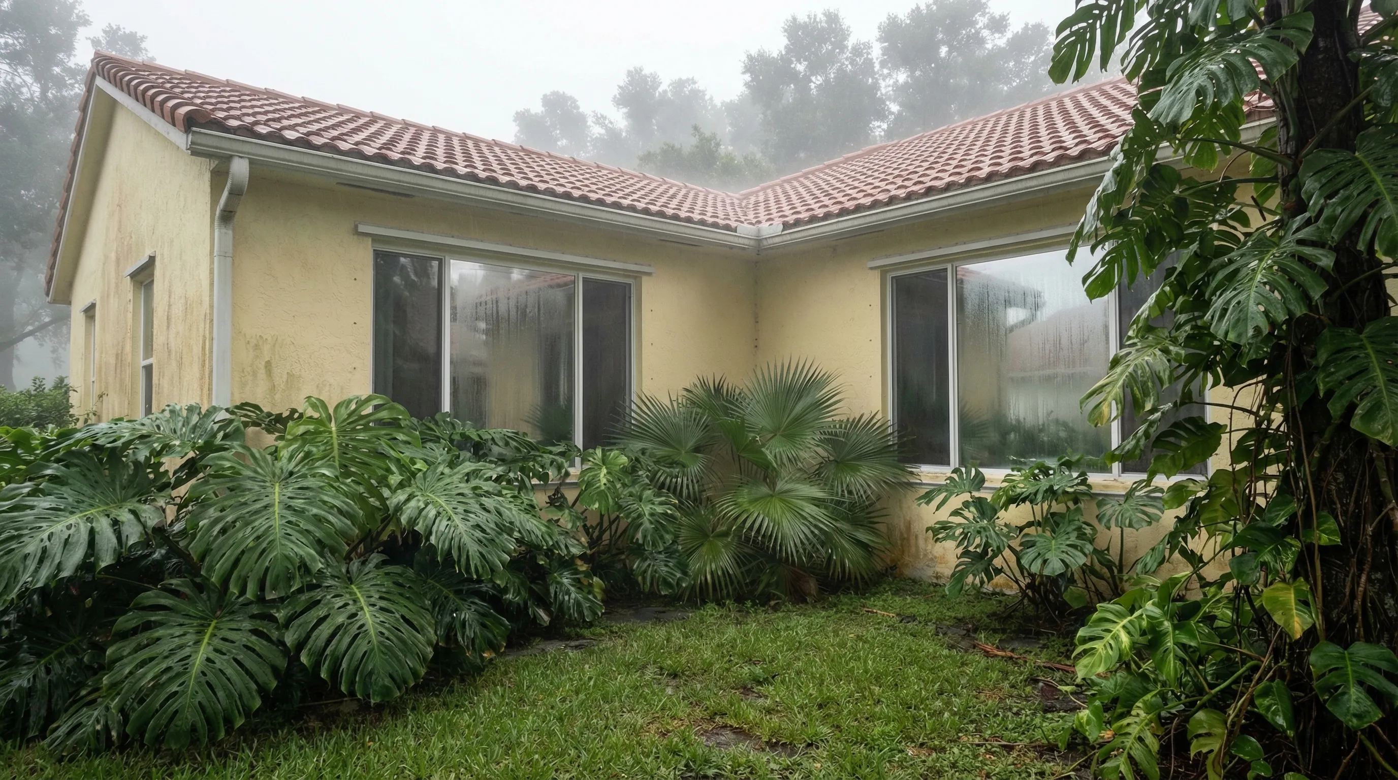Exterior of a Florida stucco home on a humid summer day with condensation on windows and lush tropical landscaping