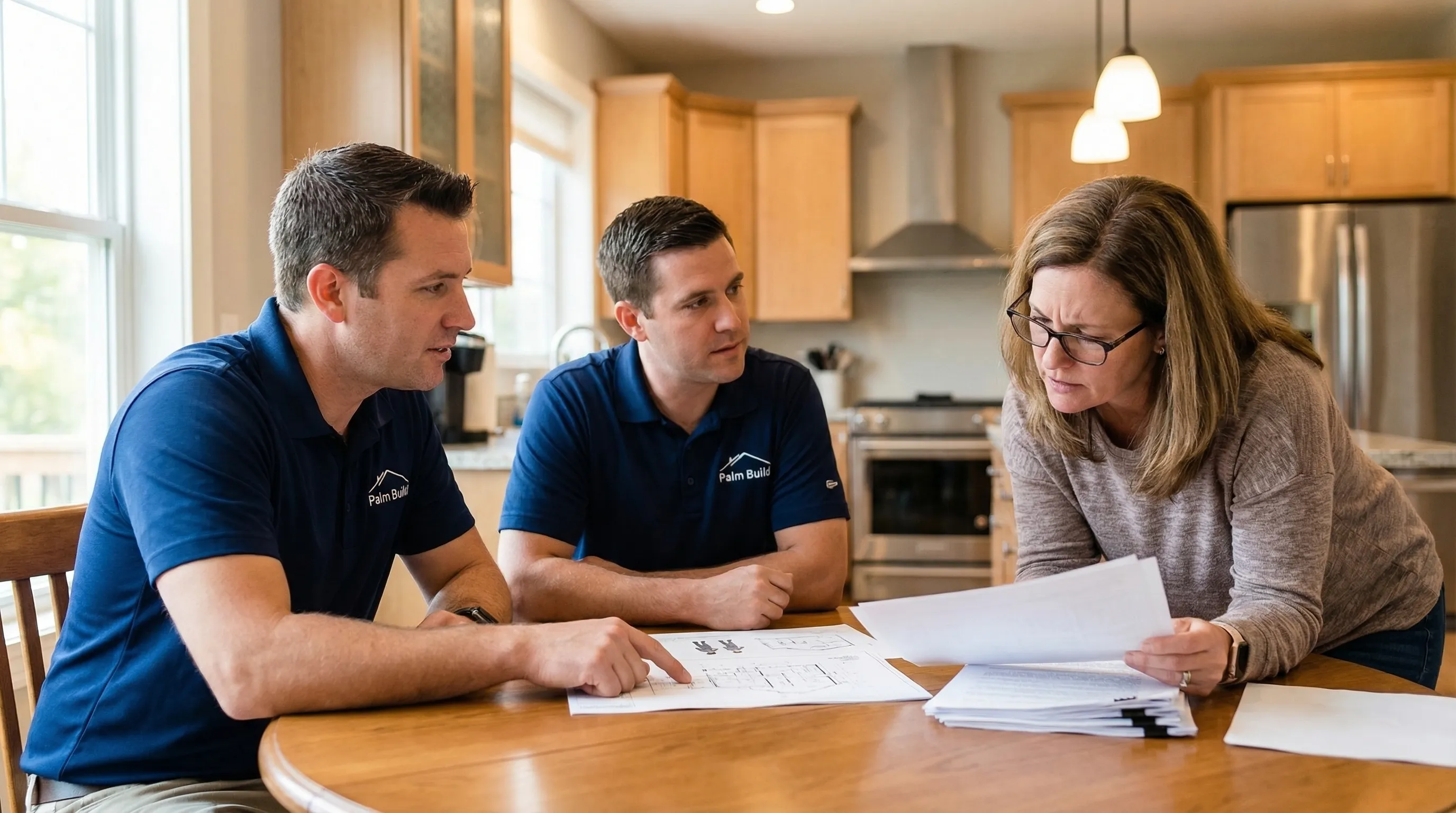 Homeowner reviewing a restoration scope and estimate with a professional project manager at a kitchen table after water damage