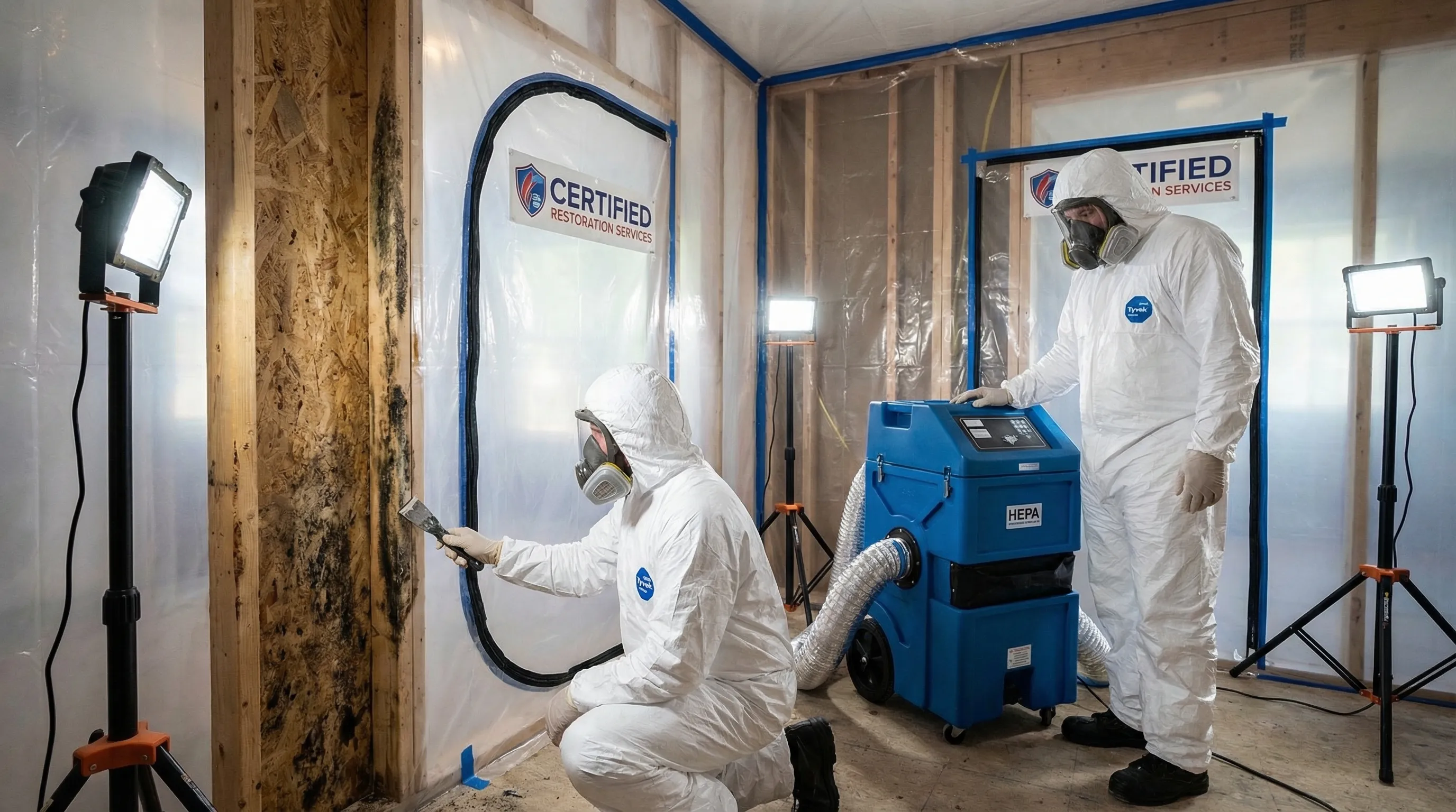 Professional mold remediation team in full protective equipment working inside a containment zone with HEPA air scrubbers
