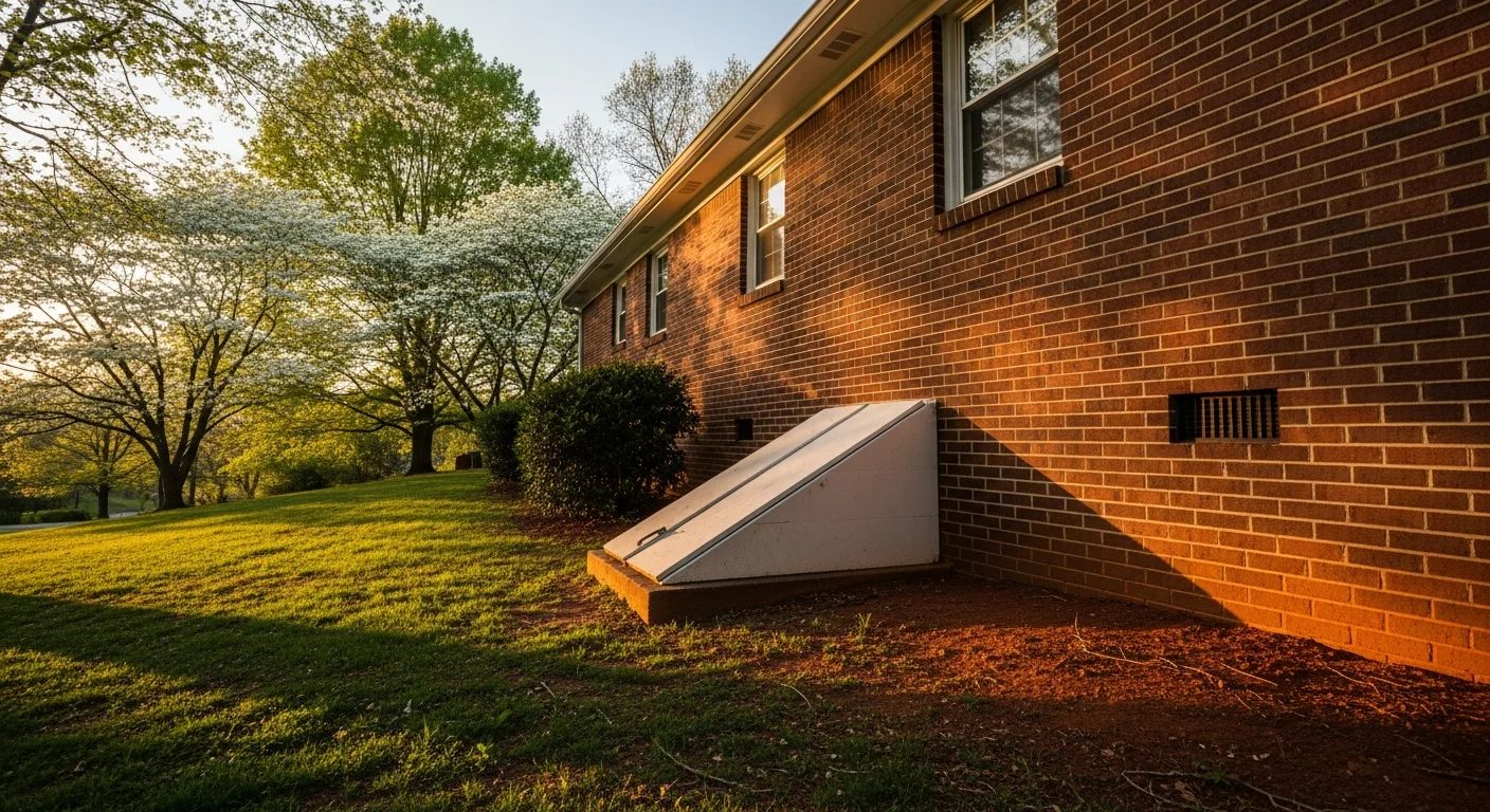 North Carolina brick ranch home with visible crawl space foundation vents and red clay soil near the piedmont landscape