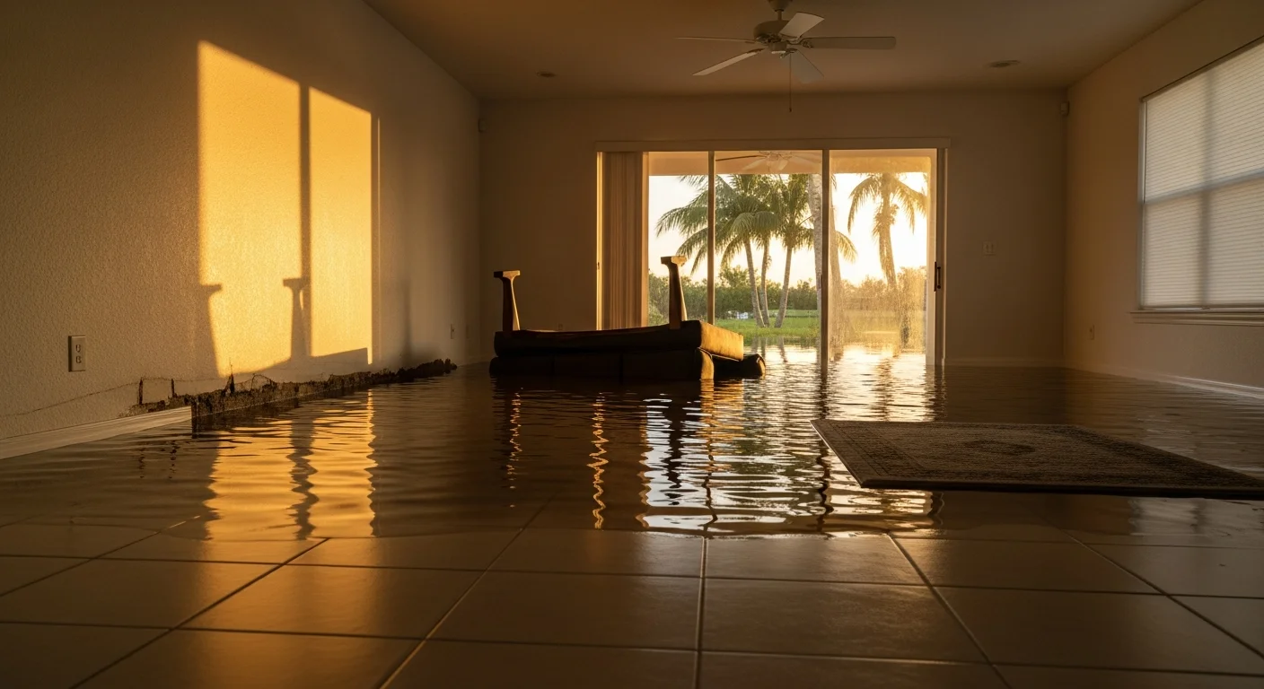 Flooded Florida home interior with standing water on tile floor and palm trees visible through sliding glass doors