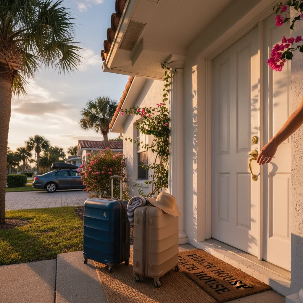 Wide cinematic golden-hour photograph of two packed hard-shell suitcases and a beach tote on the welcome mat in front of the closed white front door of a single-story Florida coastal home with white stucco walls and a barrel-tile roof, royal palms and crepe myrtle silhouetted against a fading dusk sky and a packed sedan blurred in the driveway behind