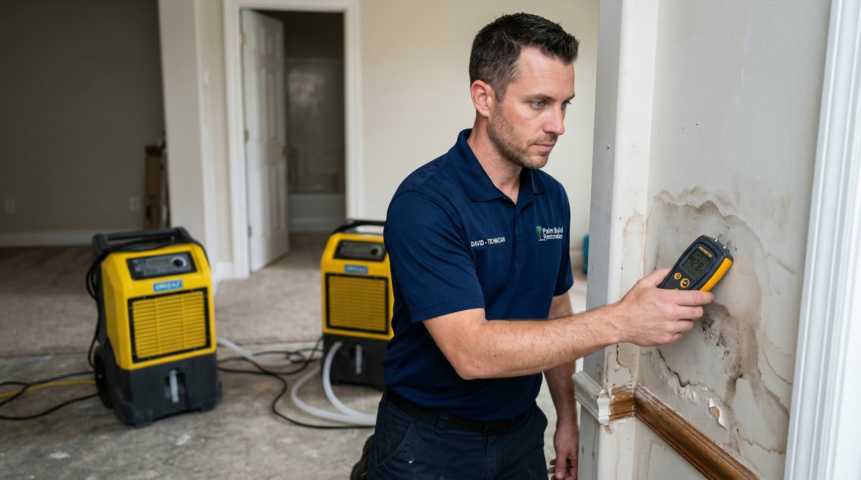 Palm Build restoration technician using moisture detection equipment on water-damaged wall with industrial dehumidifiers in the background