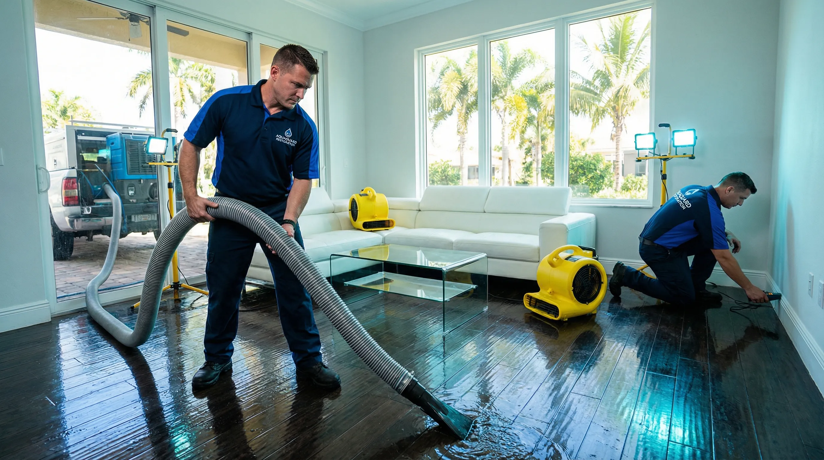 Professional water damage restoration crew extracting standing water from a flooded living room using industrial equipment