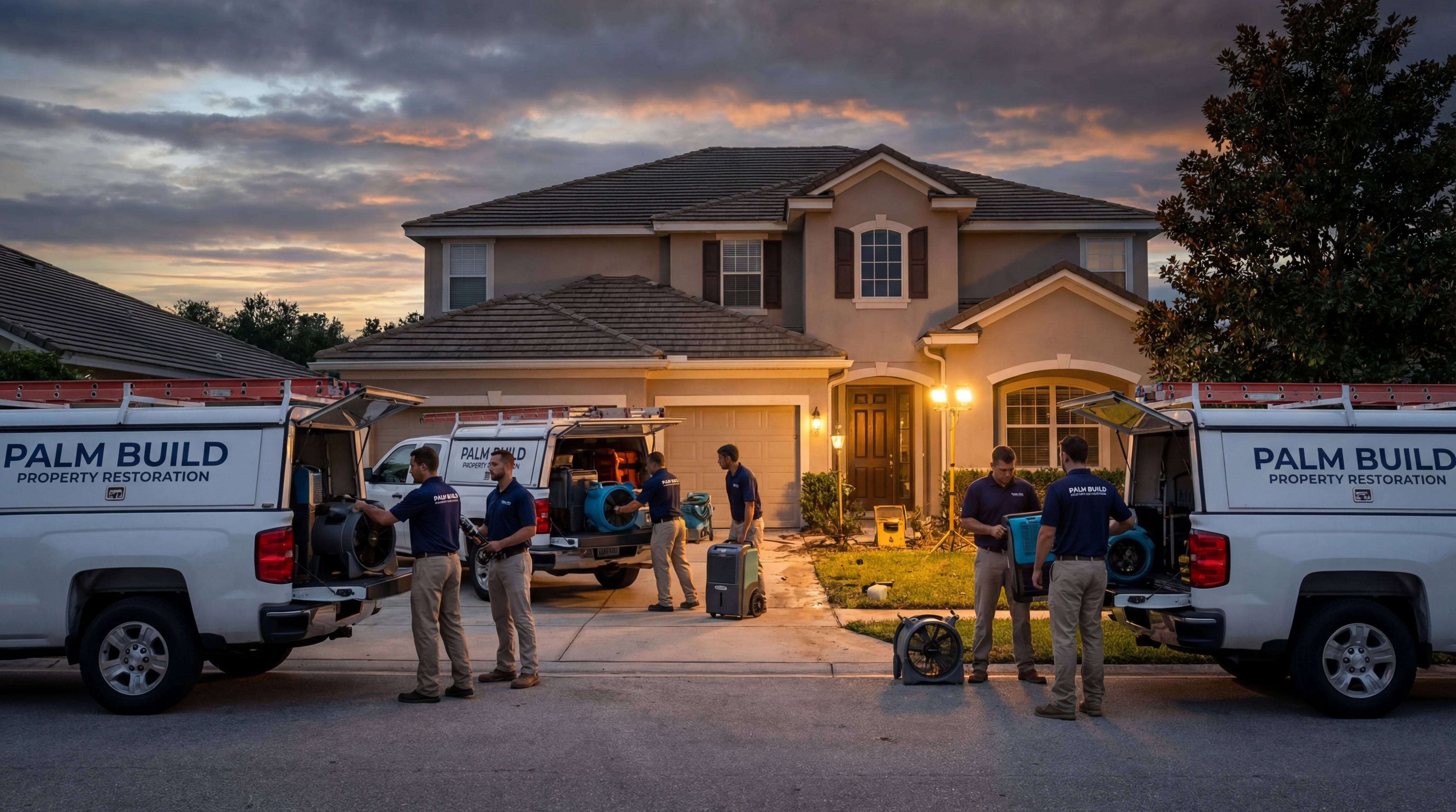 Palm Build restoration crew arriving at property with industrial equipment for emergency response
