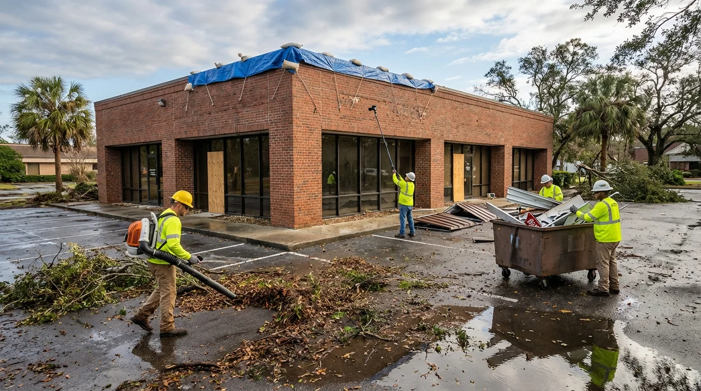 Commercial storm recovery crew clearing debris and securing a damaged office building in South Carolina