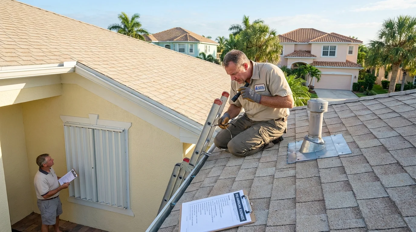 Pre-season roof inspection and shutter readiness check in a Florida residential neighborhood